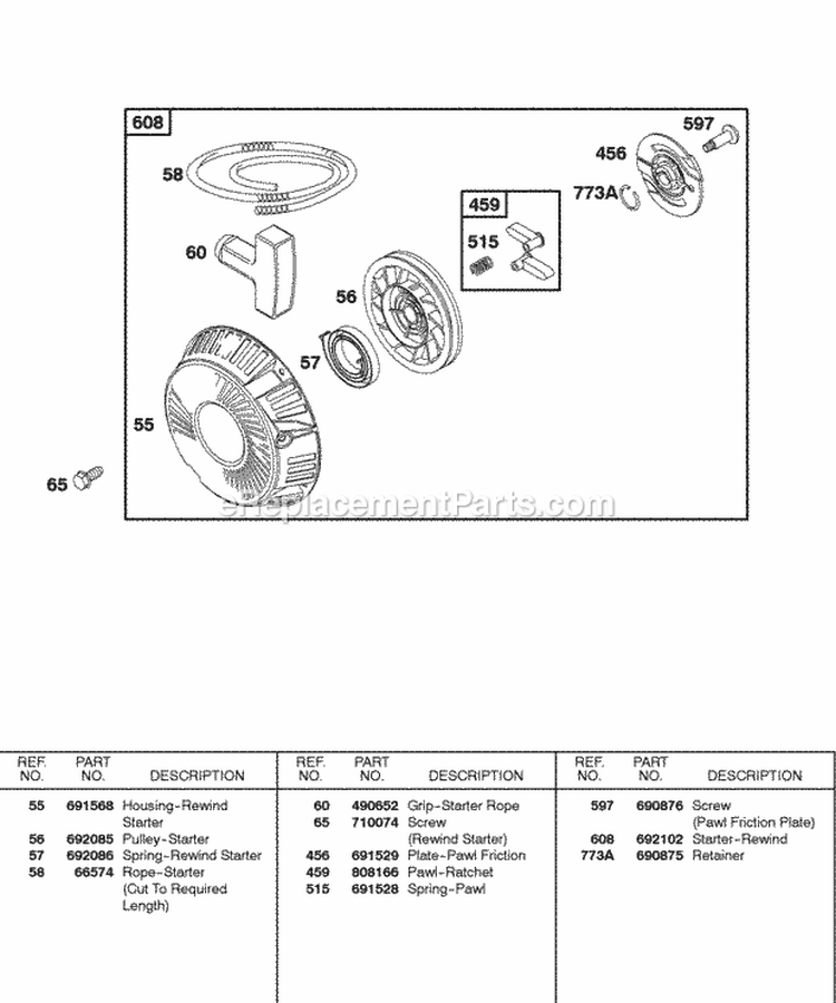 Rewind Starter Diagram and Parts List for 235432-0290-E9  Briggs and Stratton Engine